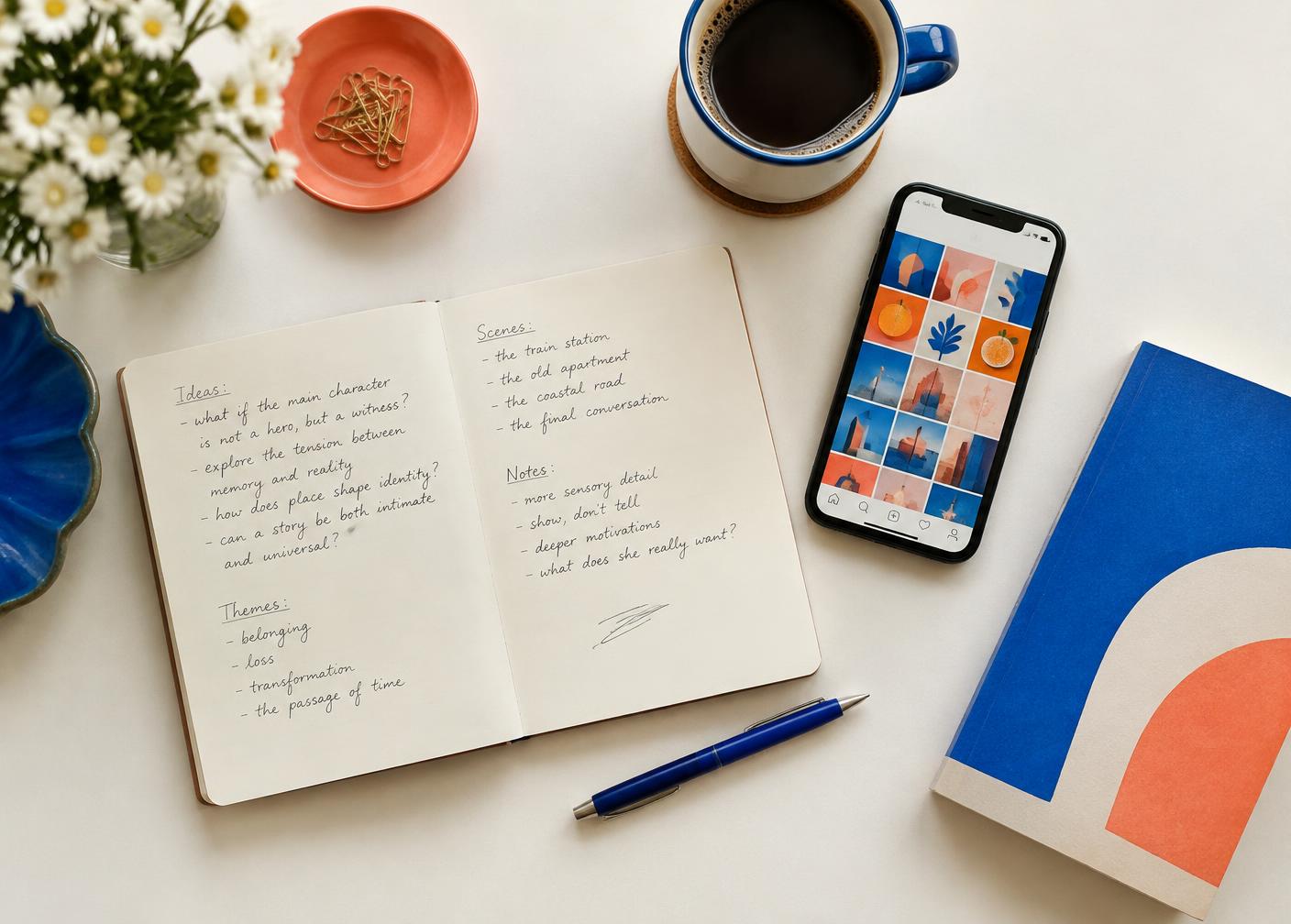 A writer's desk with an open notebook, phone showing a colourful social feed and a paperback